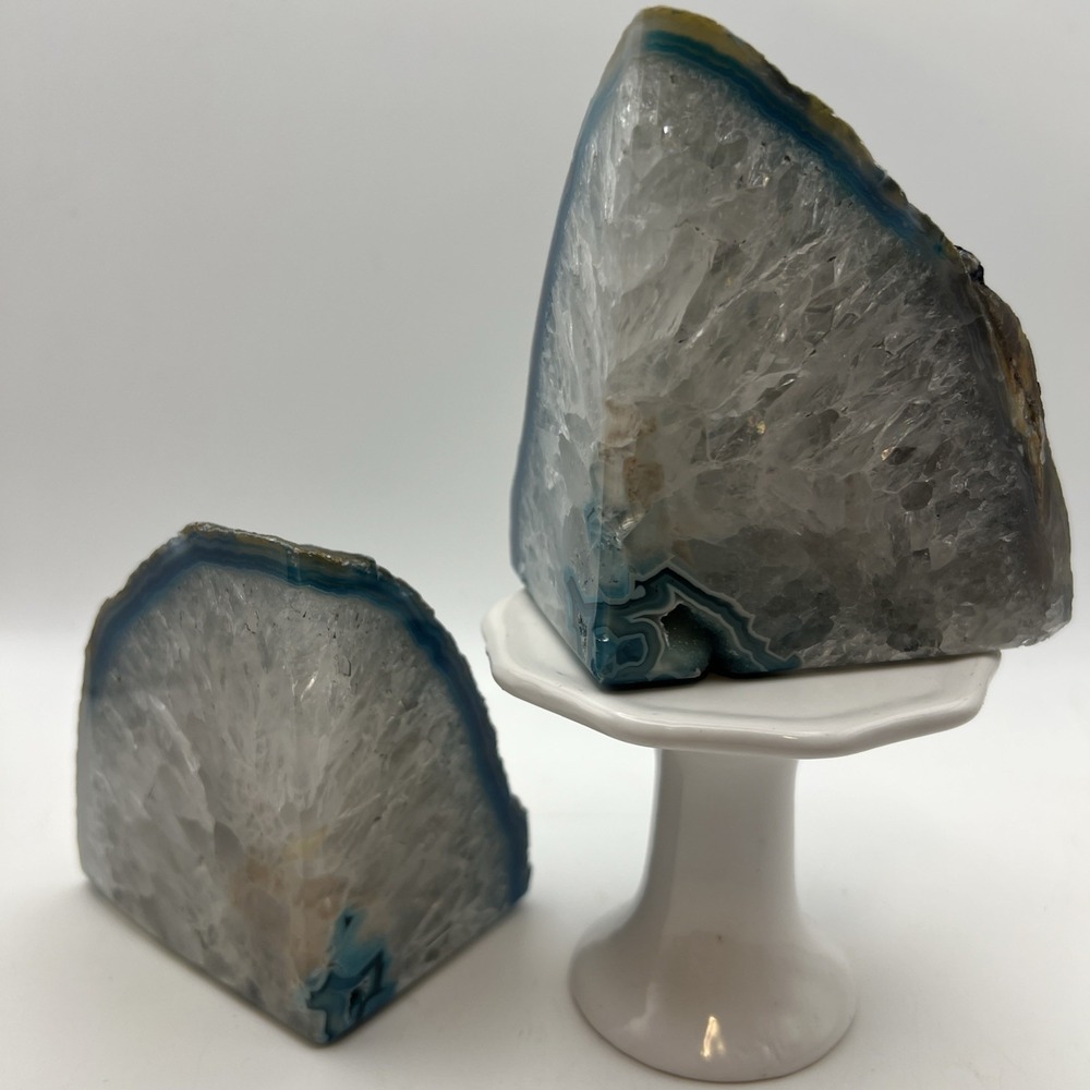 Blue Geode Bookends Pair 3.75" Brazilian Polished Crystal Decor Natural Agate